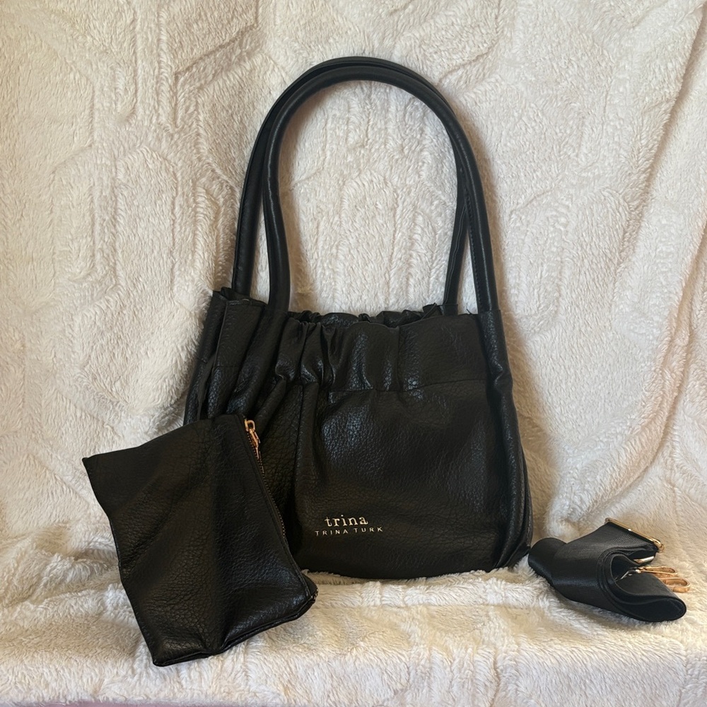 Trina Turk Black Pebbled Leather Shoulder Bag with Gold Hardware